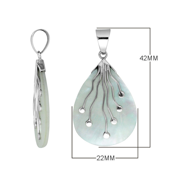 Sterling Silver Teardrop Shape Mother Of Pearl Pendant With Silver Wave Design