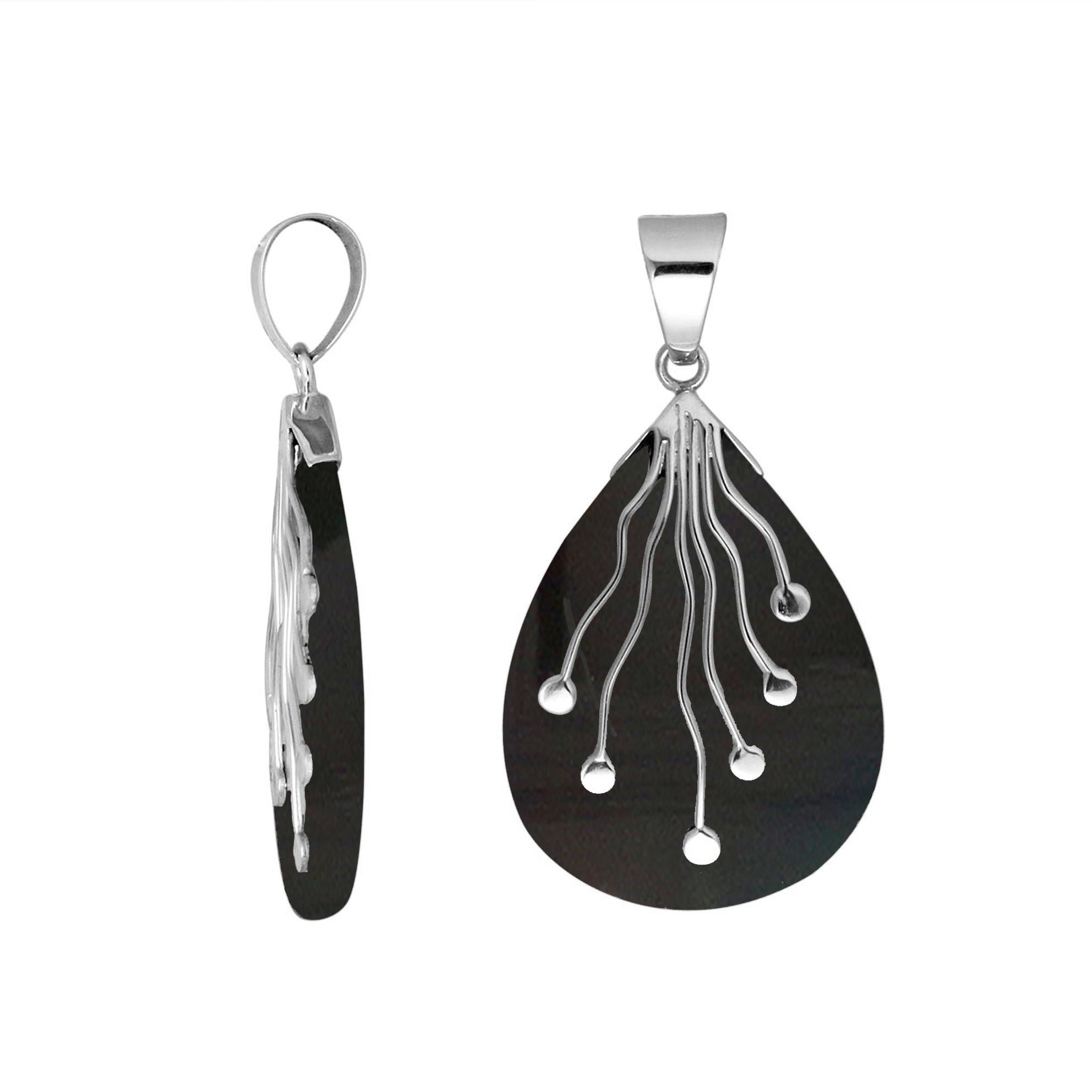 Wholesale sterling silver teardrop pendant with natural black shell and flowing silver wire accents – handcrafted artisan jewelry for retailers and resellers.