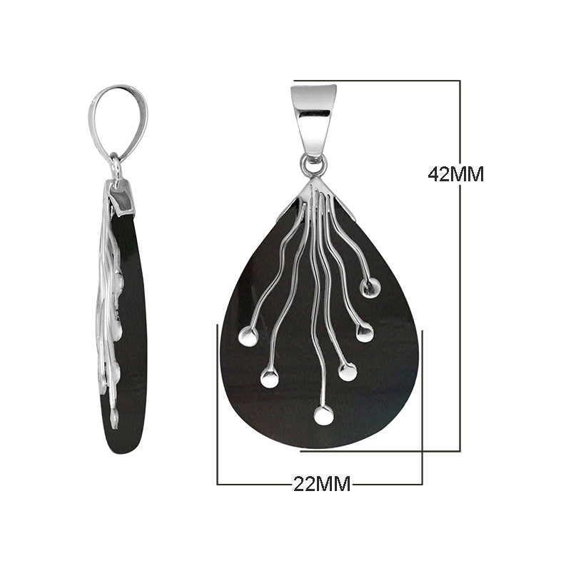 Wholesale sterling silver teardrop pendant with natural black shell and flowing silver wire accents – handcrafted artisan jewelry for retailers and resellers.