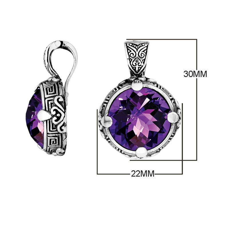 Sterling Silver Round Shape Amethyst Quartz Pendant With Balinese Carved Design