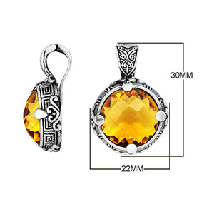 Sterling Silver Round Shape Citrine Quartz Pendant With Balinese Carved Design