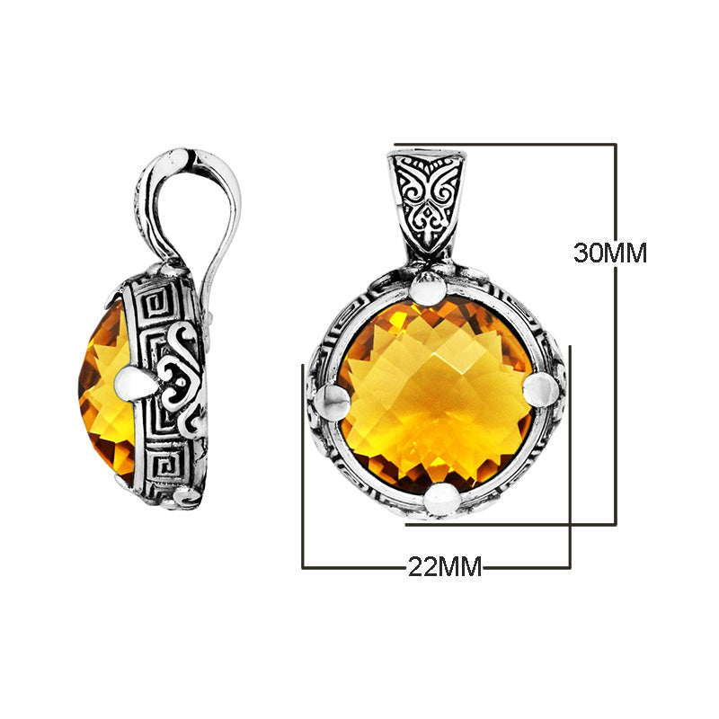 Sterling Silver Round Shape Citrine Quartz Pendant With Balinese Carved Design