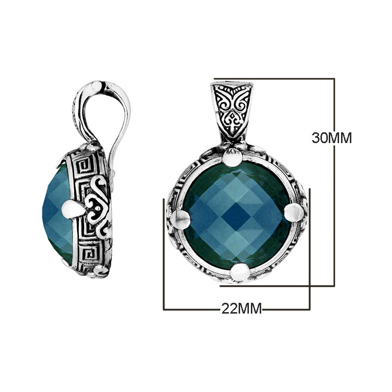 Sterling Silver Round Shape London Blue Topaz Quartz Pendant With Balinese Carved Design