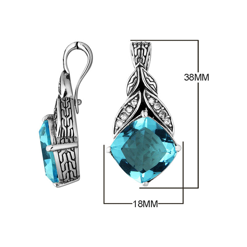 Sterling Silver Leaf Design Blue Topaz Quartz And Cubic Zirconia Pendant