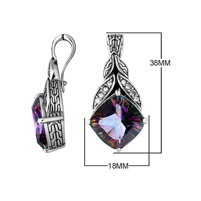 Sterling Silver Leaf Design Mystic Quartz And Cubic Zirconia Pendant