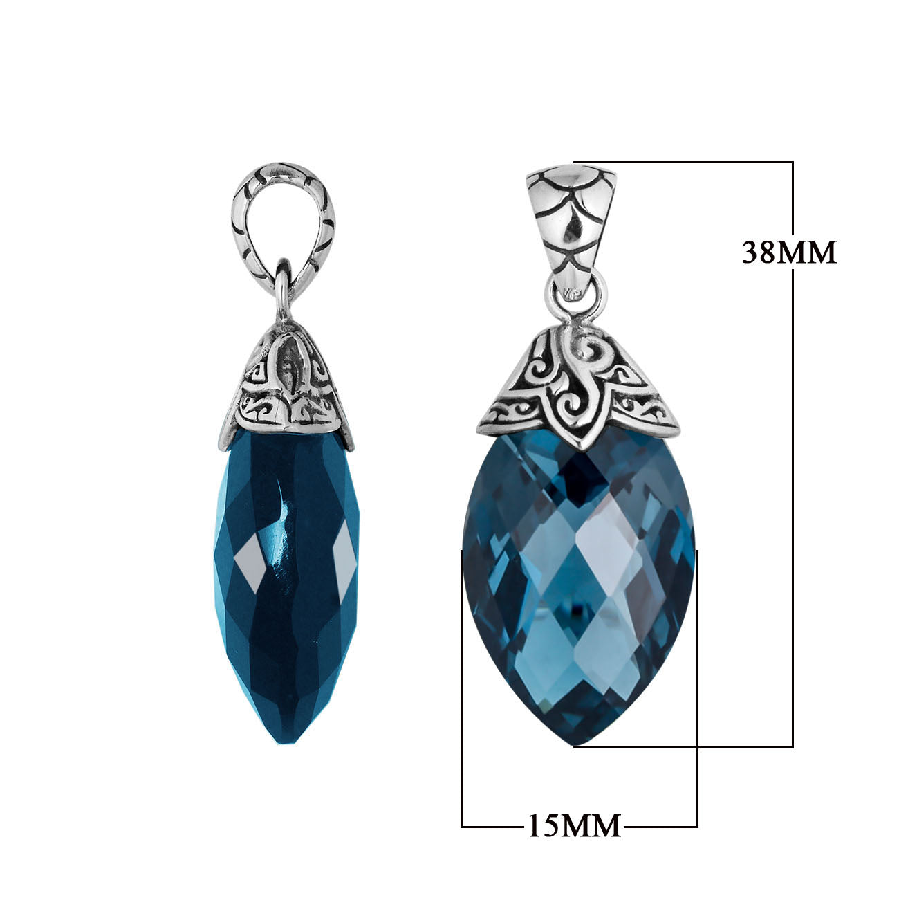 Sterling Silver Carved Design London Blue Topaz Quartz Pendant