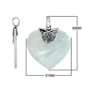High-quality Sterling Silver Heart Pendant with radiant Mother Of Pearl and intricate filigree silver detailing, handcrafted by Balinese artisans for elegant wholesale jewelry collections.