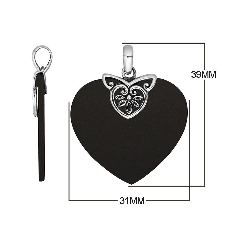Luxury handcrafted Sterling Silver Heart Pendant featuring radiant Black Shell and ornate filigree cap, designed for wholesale buyers seeking elegant artisan jewelry from Bali.