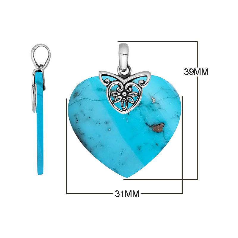 925 Sterling Silver Heart Pendant with Turquoise Shell inlay and Balinese filigree top, mirror-polished and crafted for wholesale silver collections.