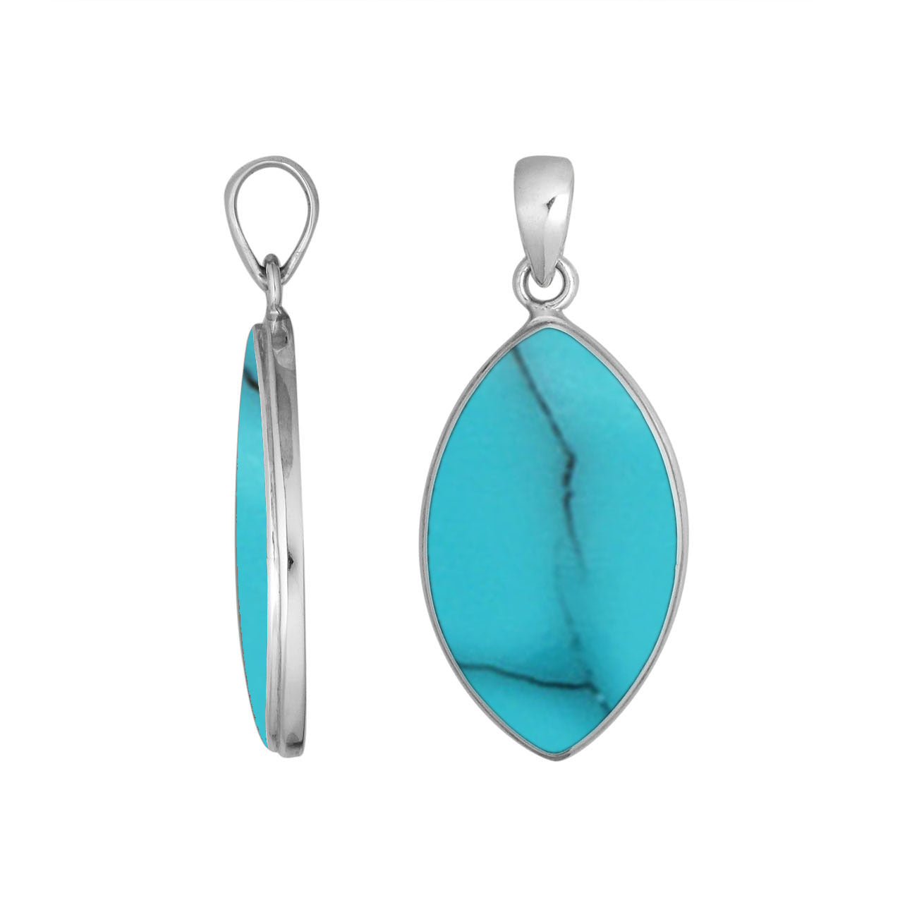 925 Sterling Silver Marquise Pendant with polished Turquoise Shell inlay and smooth Balinese frame, handcrafted for premium wholesale silver collections.