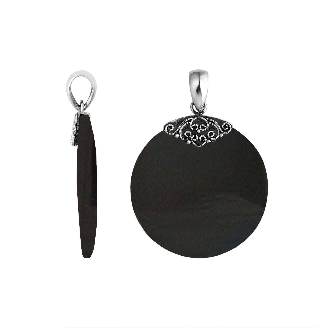 Sterling Silver Black Shell Round Polished Designer Pendant For Wholesale Jewelry Collections.