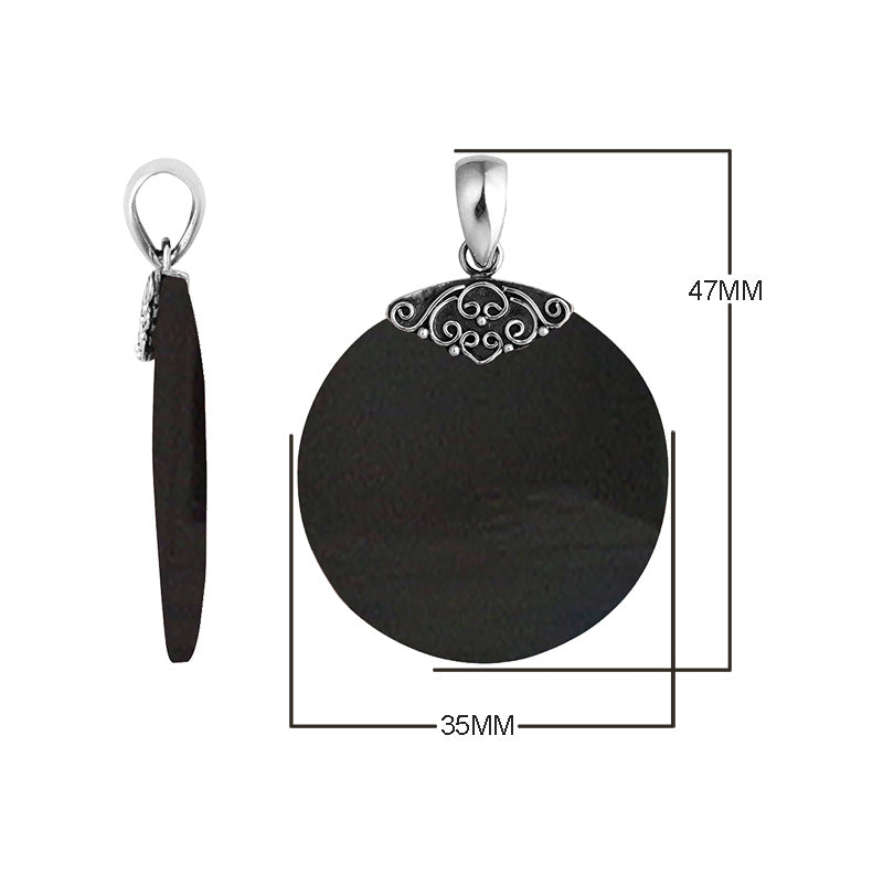 Sterling Silver Black Shell Round Polished Designer Pendant For Wholesale Jewelry Collections.
