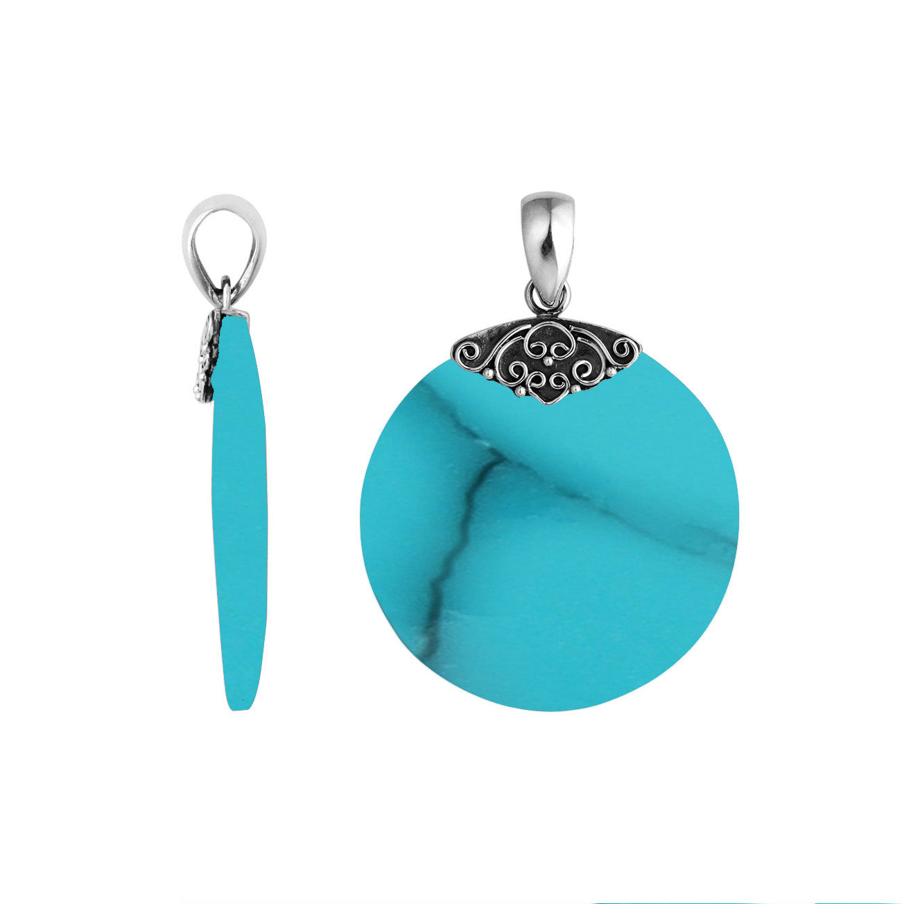 Sterling Silver Turquoise Shell Round Polished Designer Pendant For Wholesale Jewelry Buyers.