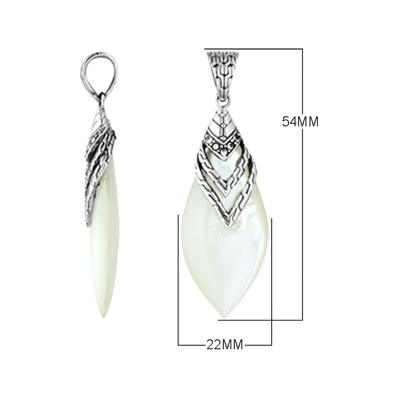 Sterling Silver Mother Of Pearl Layered Teardrop Designer Pendant For Wholesale Jewelry Buyers.