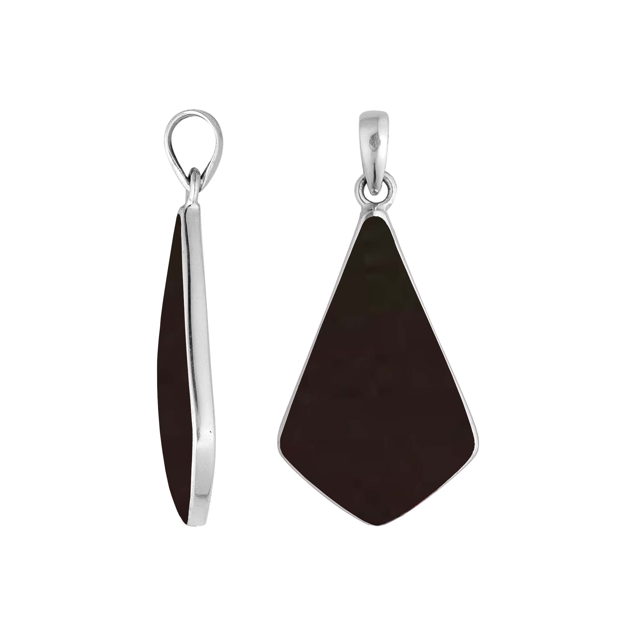 Sterling silver Black Shell geometric shield pendant with broad angular silhouette and polished bezel frame