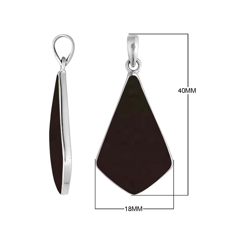 Sterling silver Black Shell geometric shield pendant with broad angular silhouette and polished bezel frame