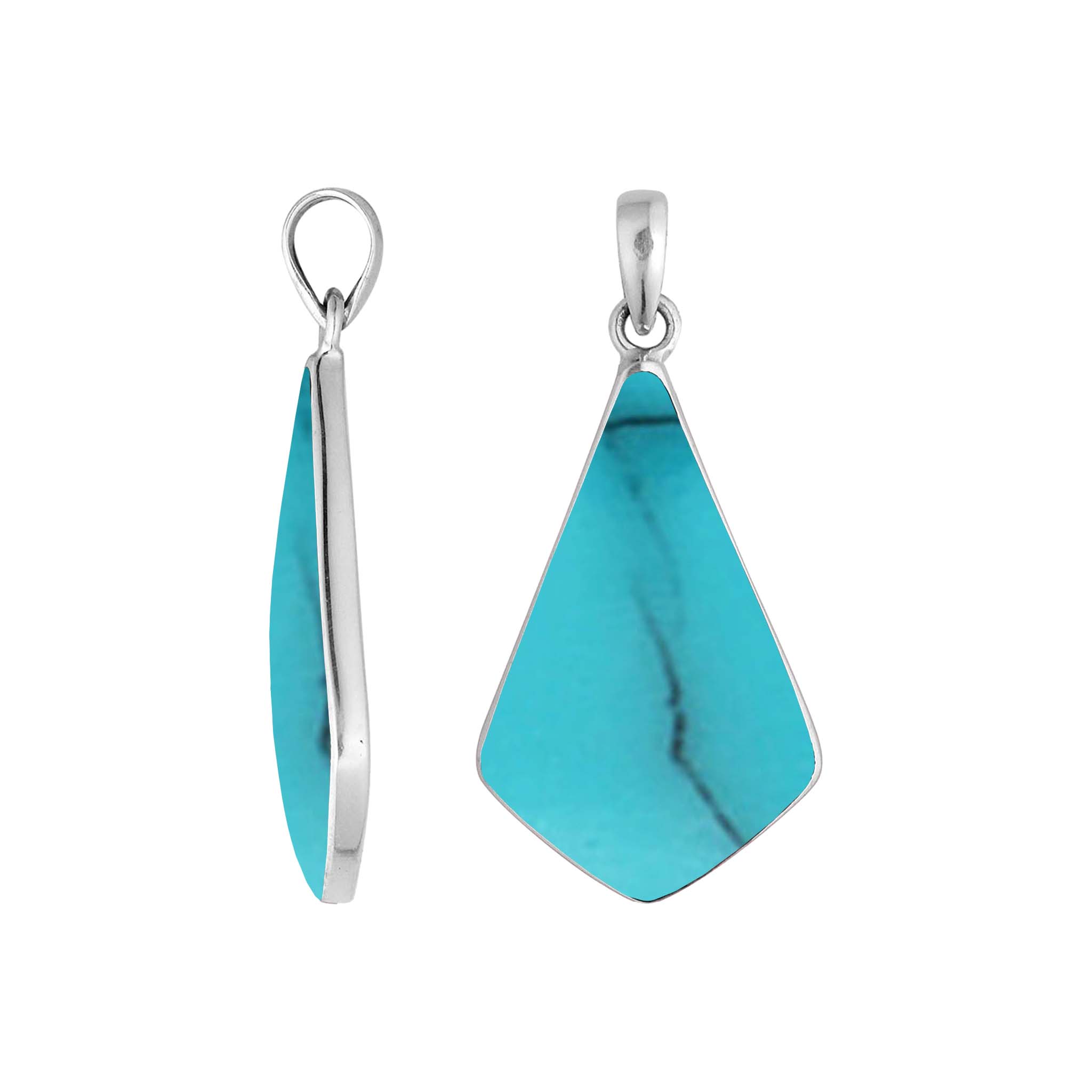 Sterling silver Turquoise Shell geometric shield pendant with broad angular silhouette and polished bezel frame