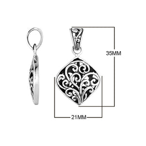 Sterling Silver Diamond Shape Filigree Pendant With Balinese Detailing.