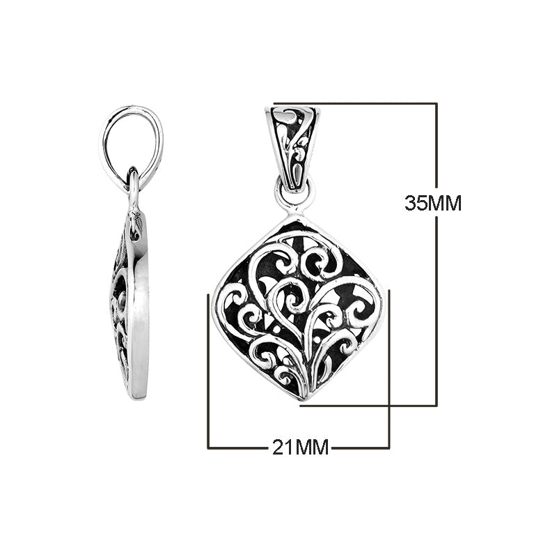 Sterling Silver Diamond Shape Filigree Pendant With Balinese Detailing.