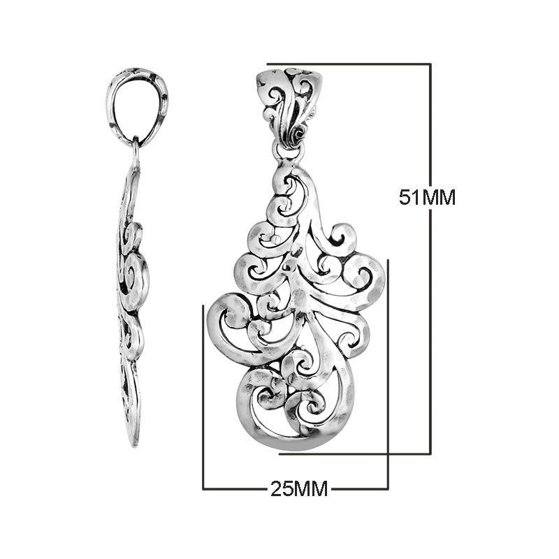Sterling Silver Artistic Swirl Leaf Pendant With Balinese Filigree Design.