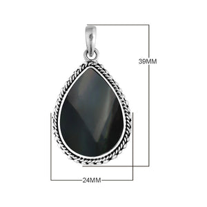 Sterling Silver Black Shell Teardrop Pendant With Rope Detailing For Wholesale Buyers.