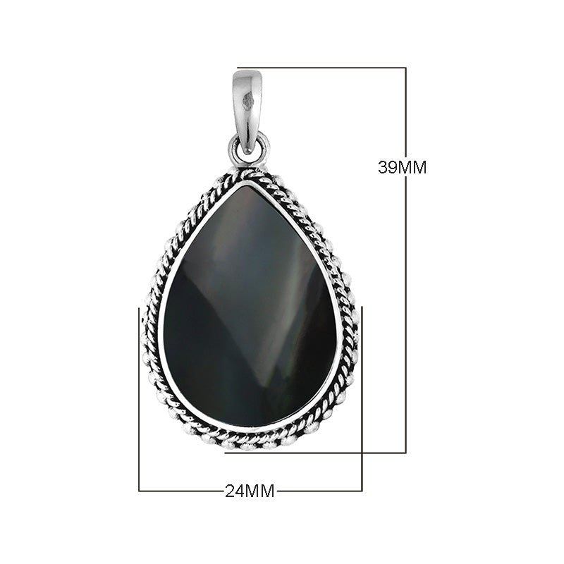 Sterling Silver Black Shell Teardrop Pendant With Rope Detailing For Wholesale Buyers.
