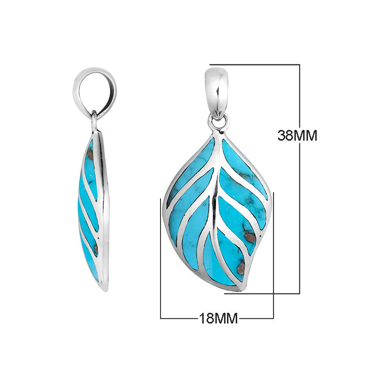Sterling Silver Turquoise Shell Leaf Pendant With Polished Silver Vein Detailing For Wholesale Jewelry Buyers.