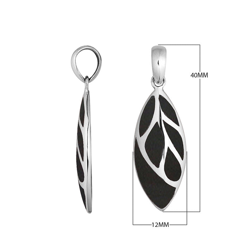 Sterling Silver Black Shell Leaf Pendant With Polished Silver Vein Detailing For Wholesale Buyers.