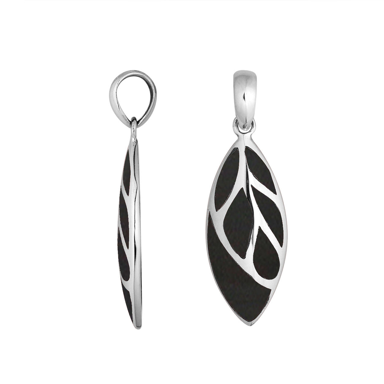 Sterling Silver Black Shell Leaf Pendant With Polished Silver Vein Detailing For Wholesale Buyers.