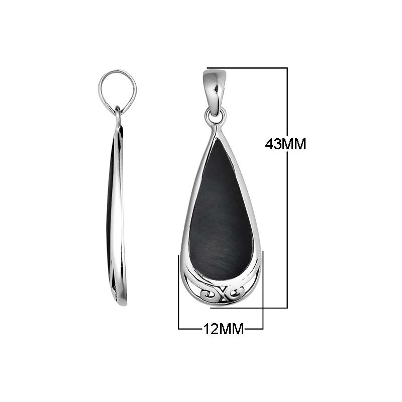 Sterling silver Black Shell teardrop pendant with polished frame and decorative scroll detailing at the base