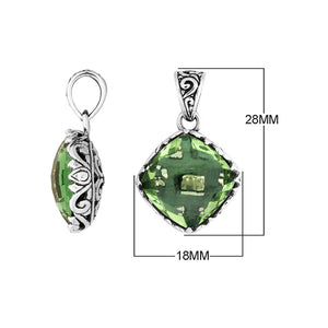 Sterling Silver Green Amethyst Quartz Cushion Pendant With Balinese Filigree Design For Wholesale Buyers.