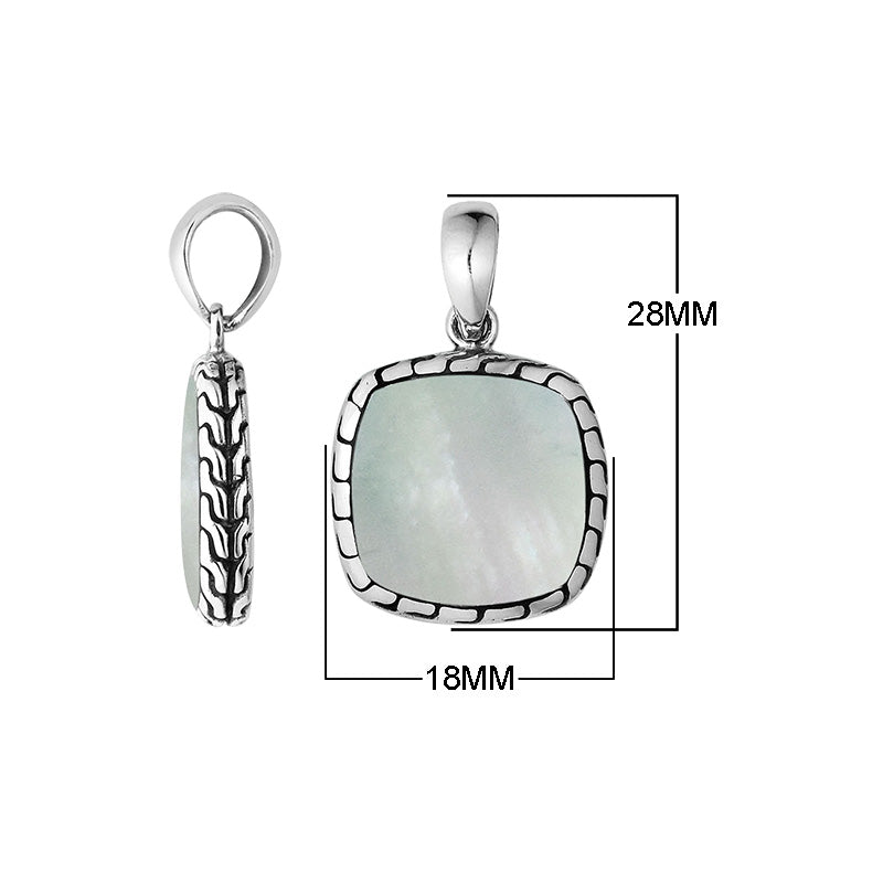 Sterling Silver Mother Of Pearl Cushion Pendant With Balinese Frame Design For Wholesale Buyers.