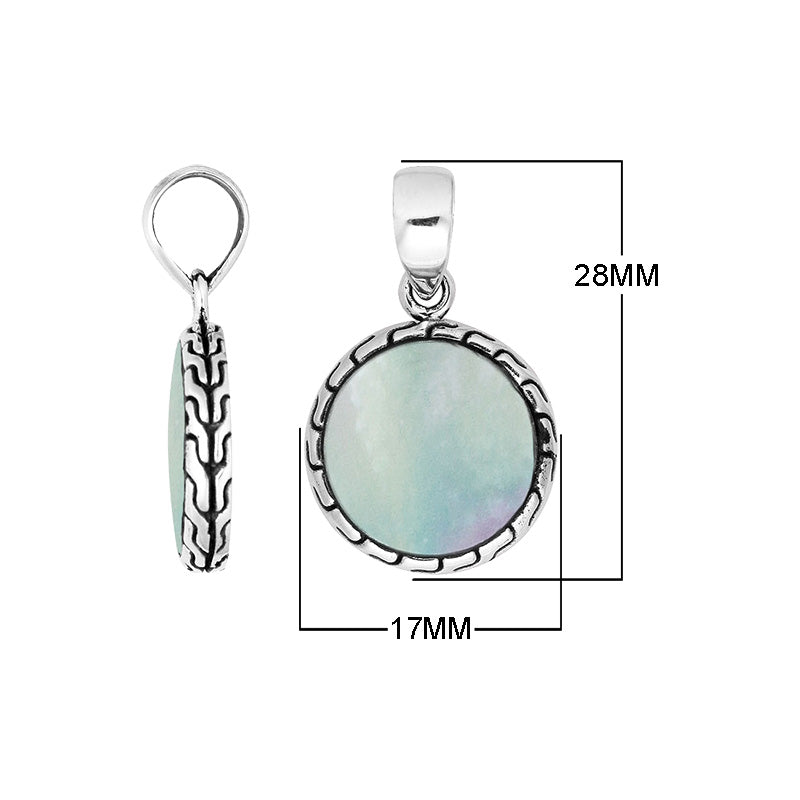 Round sterling silver pendant with mother of pearl and Balinese pattern handcrafted in Bali.
