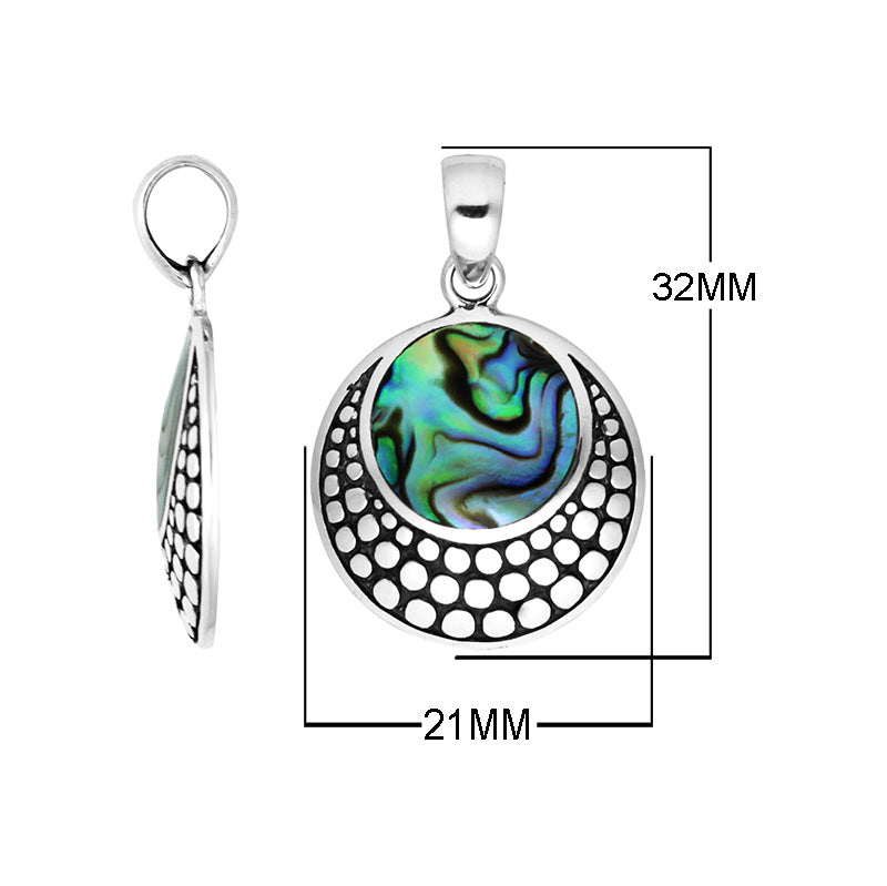 Round sterling silver pendant with abalone shell and dotted Balinese pattern handcrafted in Bali.