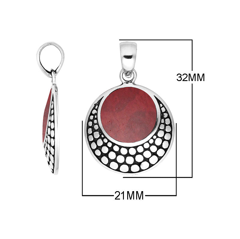 Round sterling silver pendant with red coral and dotted Balinese frame handcrafted in Bali.