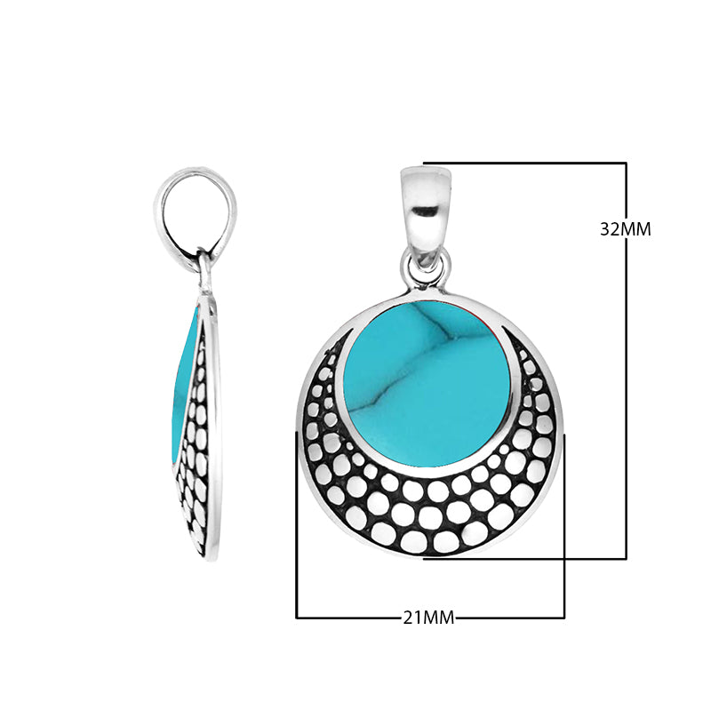 Turquoise Shell Sterling Silver Round Pendant With Cut-Out Design Handcrafted In Bali