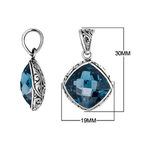 Sterling silver London blue topaz quartz cushion pendant with Balinese scroll pattern handcrafted in Bali.