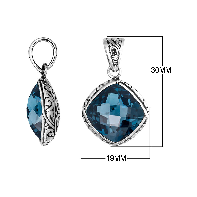 Sterling silver London blue topaz quartz cushion pendant with Balinese scroll pattern handcrafted in Bali.