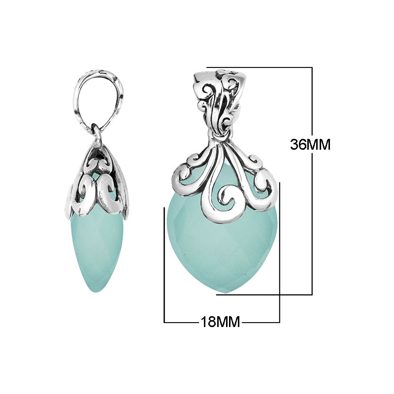 Handcrafted 925 Sterling Silver Green Chalcedony Quartz marquise pendant featuring elegant swirl filigree detailing, mirror-polished finish, and artistic Balinese craftsmanship for wholesale jewelry collections.