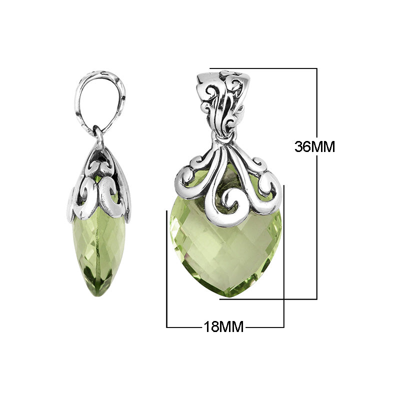 Handcrafted 925 Sterling Silver Green Amethyst Quartz marquise pendant with swirl filigree detailing, mirror-polished finish, and classic Balinese design for wholesale jewelry collections.