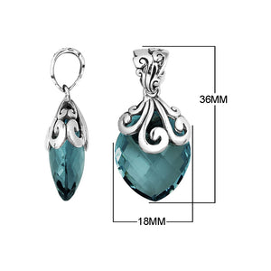 Handcrafted 925 Sterling Silver London Blue Topaz Quartz marquise pendant featuring swirl filigree detailing, mirror-polished surface, and Balinese-inspired artistic finish for wholesale jewelry catalogs.
