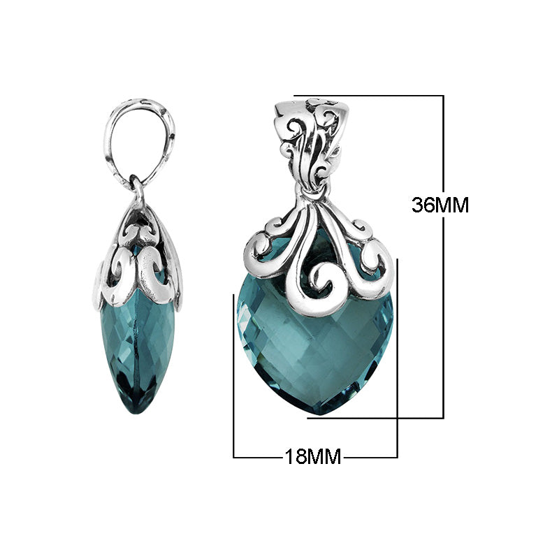 Handcrafted 925 Sterling Silver London Blue Topaz Quartz marquise pendant featuring swirl filigree detailing, mirror-polished surface, and Balinese-inspired artistic finish for wholesale jewelry catalogs.