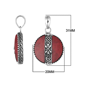 Handcrafted 925 Sterling Silver Red Coral round pendant with floral center detailing, mirror-polished surface, and elegant Balinese craftsmanship for wholesale jewelry collections.