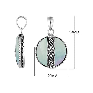 Handcrafted 925 Sterling Silver Mother Of Pearl round pendant featuring floral center pattern, mirror-polished surface, and Balinese craftsmanship for wholesale jewelry buyers and catalogs.