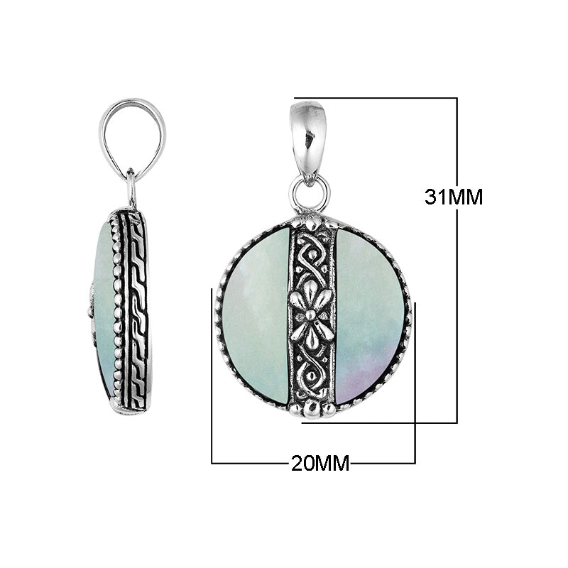 Handcrafted 925 Sterling Silver Mother Of Pearl round pendant featuring floral center pattern, mirror-polished surface, and Balinese craftsmanship for wholesale jewelry buyers and catalogs.