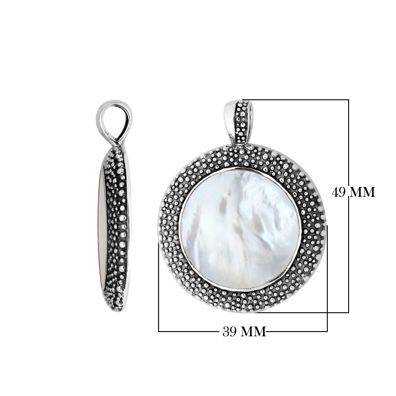 Sterling Silver Mother Of Pearl Round Pendant With Granulated Balinese Frame And Polished Finish For Wholesale Buyers