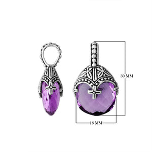 Sterling silver heart shape amethyst quartz pendant with ornate Balinese pattern handcrafted design