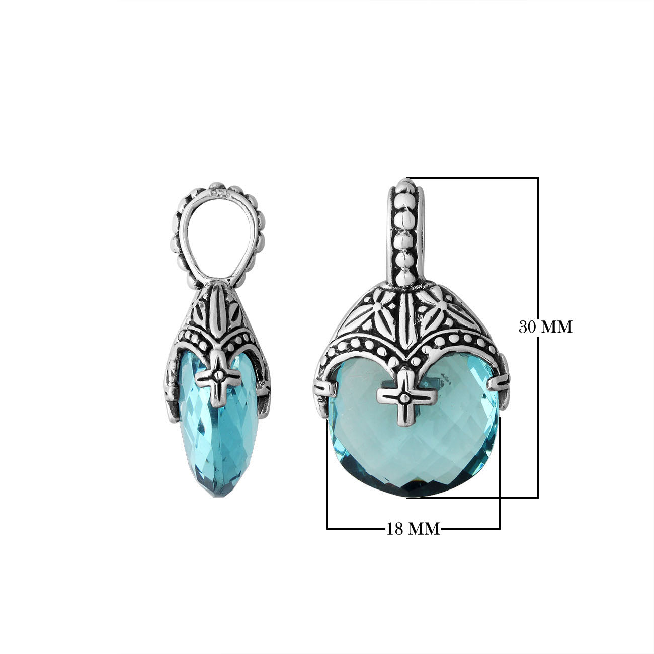 Sterling silver heart pendant with blue topaz quartz and ornate Balinese handcrafted pattern