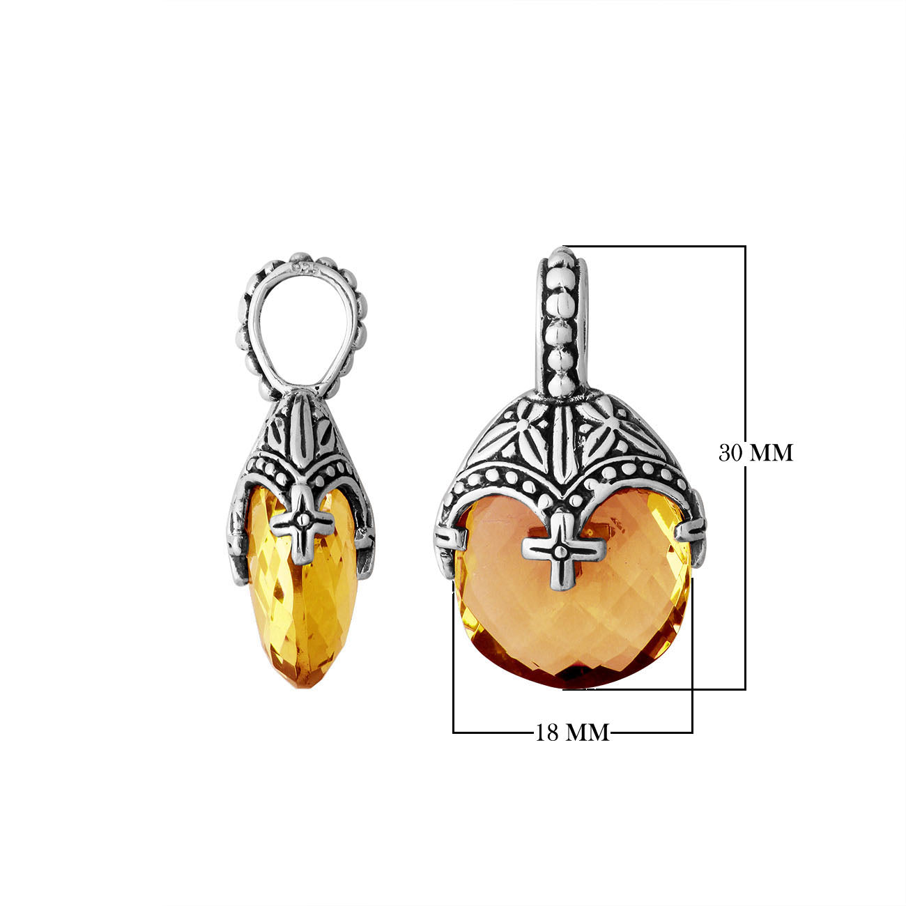Sterling silver citrine quartz heart pendant with ornate Balinese handcrafted pattern