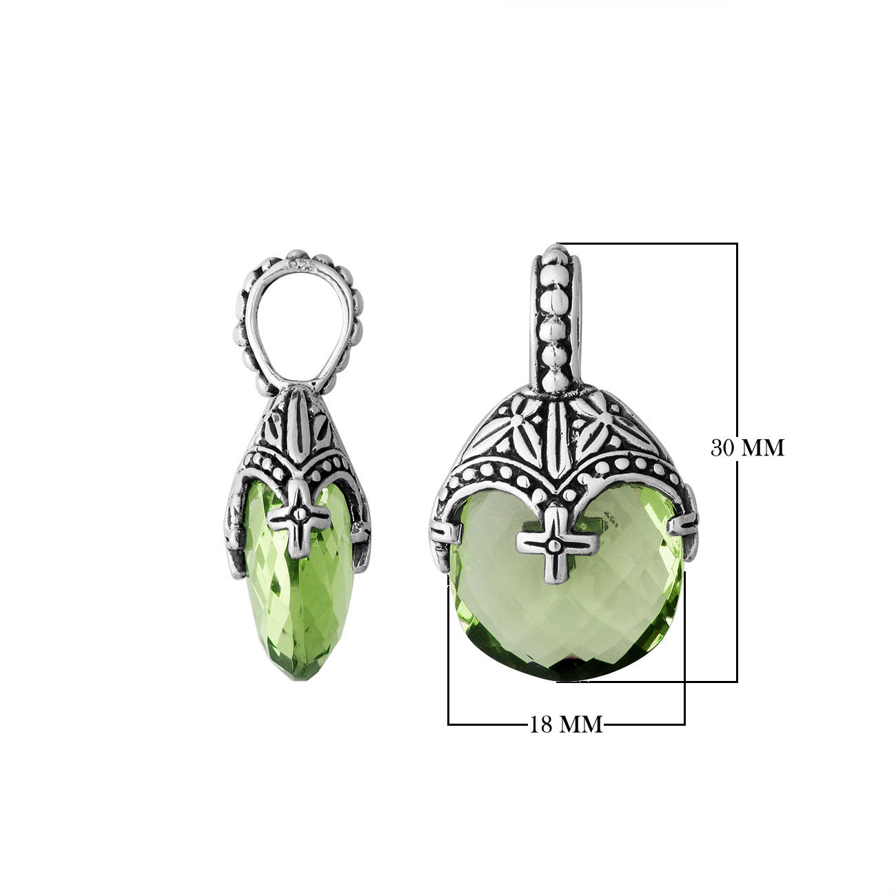 Sterling silver heart pendant with green amethyst quartz and ornate Balinese handcrafted pattern